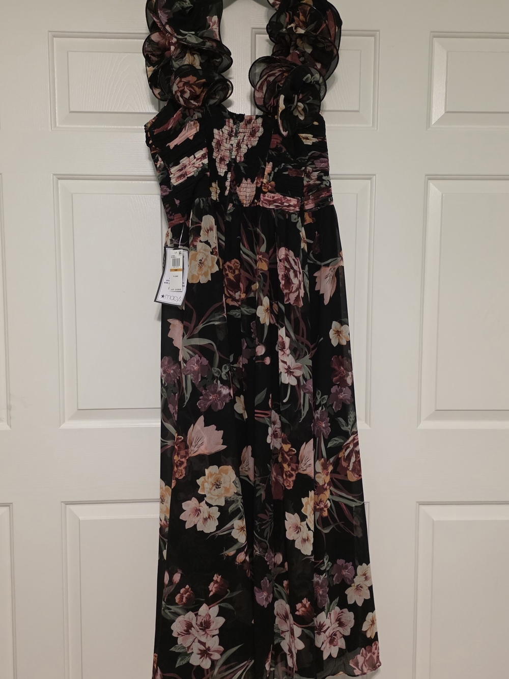Macy's Black Floral Maxi Dress with Puff Sleeves and Self Tie - Picture 9 of 11